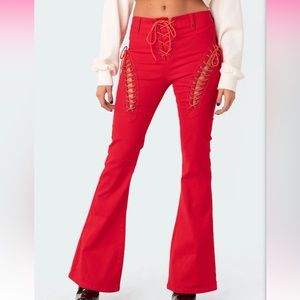 Red Lace-Up Flare Pants